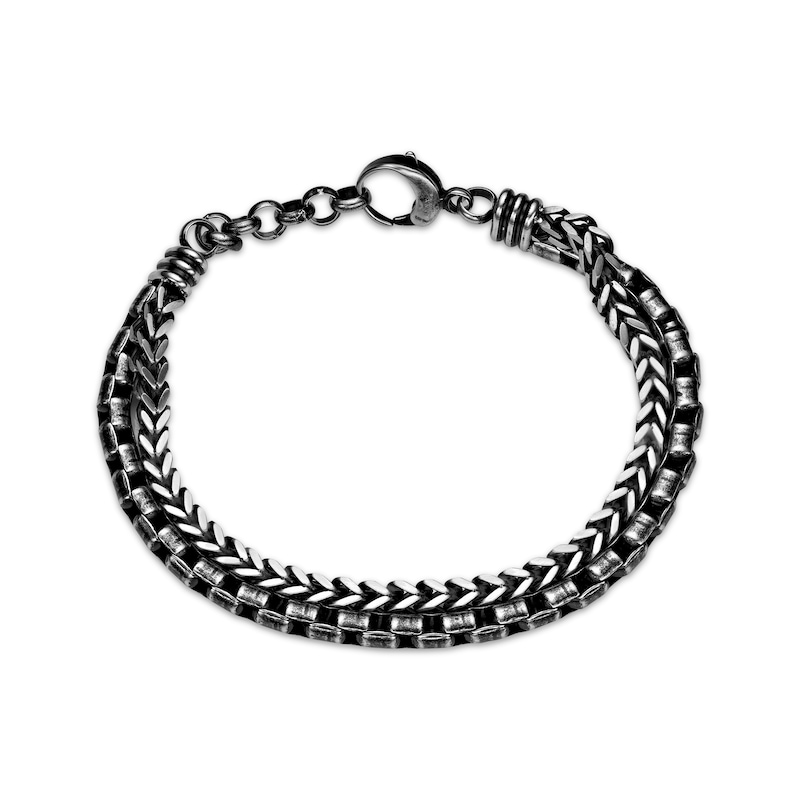 Solid Foxtail & Box Chain Layered Bracelet Oxidized Stainless Steel 9.2"