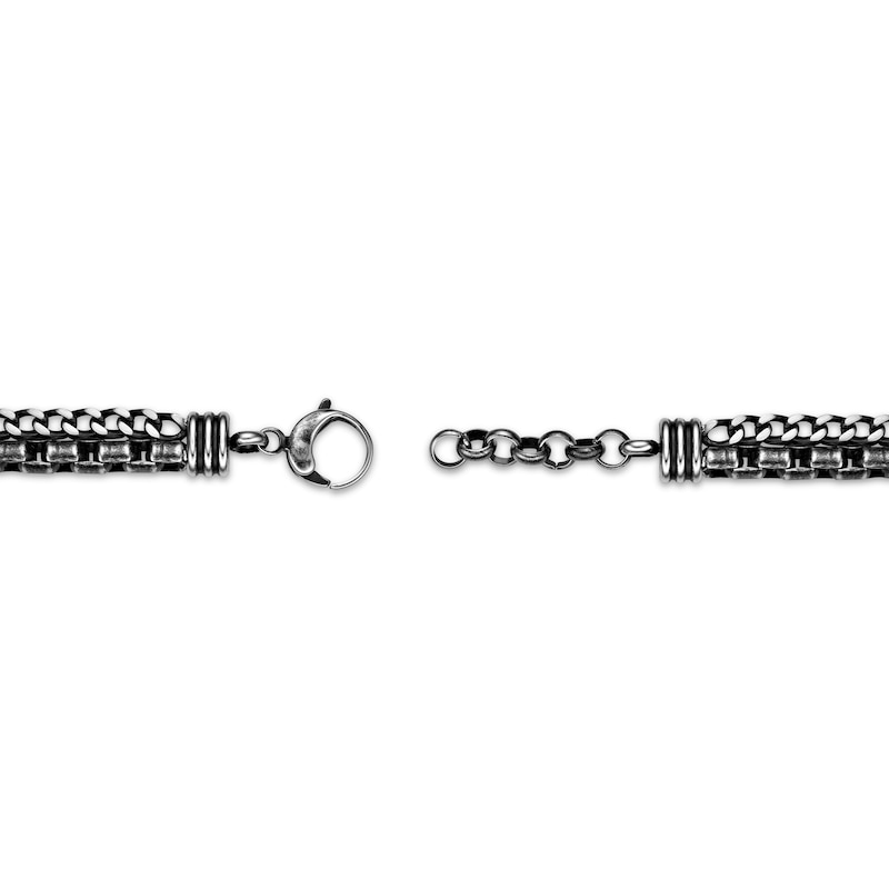 Solid Foxtail & Box Chain Layered Bracelet Oxidized Stainless Steel 9.2"