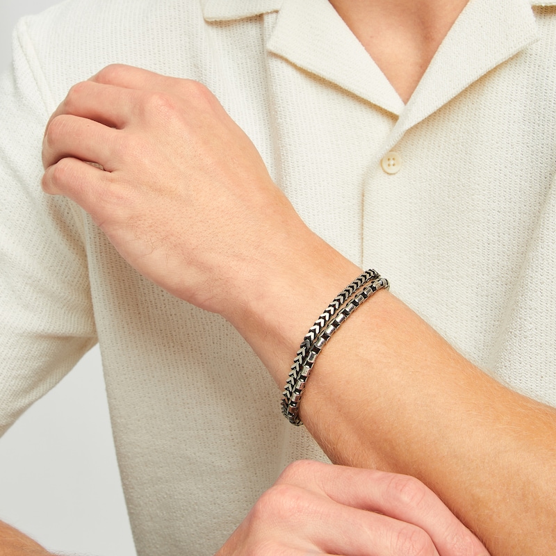 Main Image 5 of Foxtail & Box Chain Layered Bracelet Oxidized Solid Stainless Steel 9.2&quot;