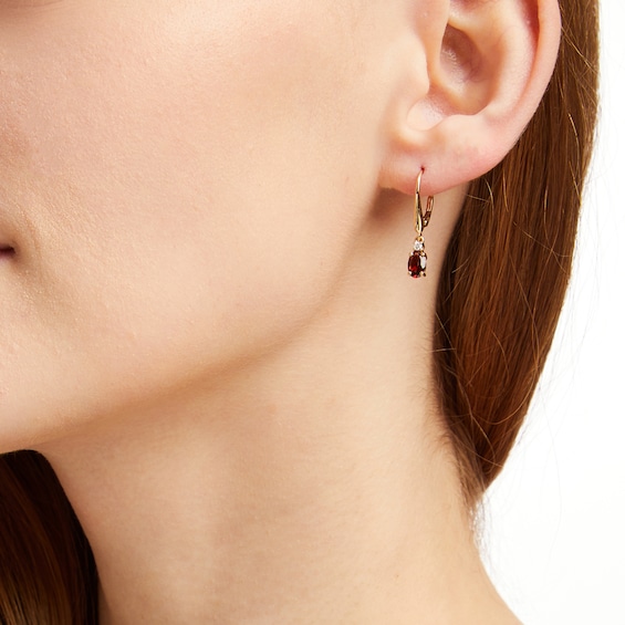 Thumbnail Image 4 of Oval-Cut Garnet & Diamond Dangle Earrings 1/20 ct tw 10K Yellow Gold