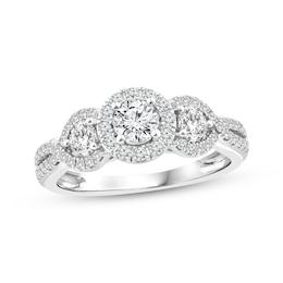 Memories Moments Magic Round-Cut Diamond Three-Stone Halo Engagement Ring 1 ct tw 14K White Gold