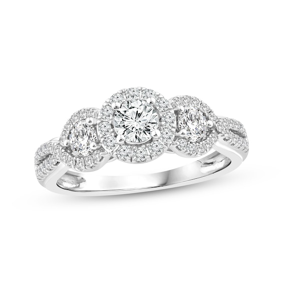 Memories Moments Magic Round-Cut Diamond Three-Stone Halo Engagement Ring 1 ct tw 14K White Gold