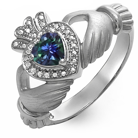 Heart Halo Birthstone Claddagh Ring (1 Stone)