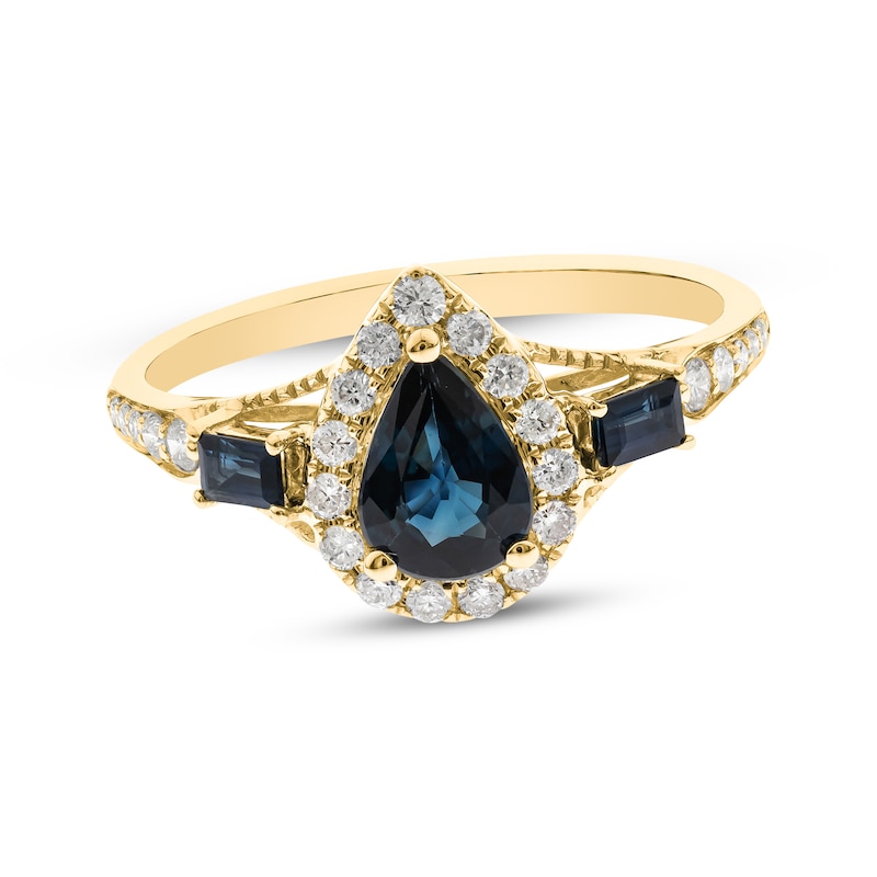 Pear-Shaped & Baguette-Cut Blue Sapphire & Diamond Ring 1/5 ct tw 10K Yellow Gold