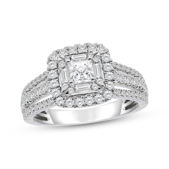 Now + Forever Princess, Baguette & Round-Cut Diamond Engagement Ring 1-1/4ct tw 14K White Gold