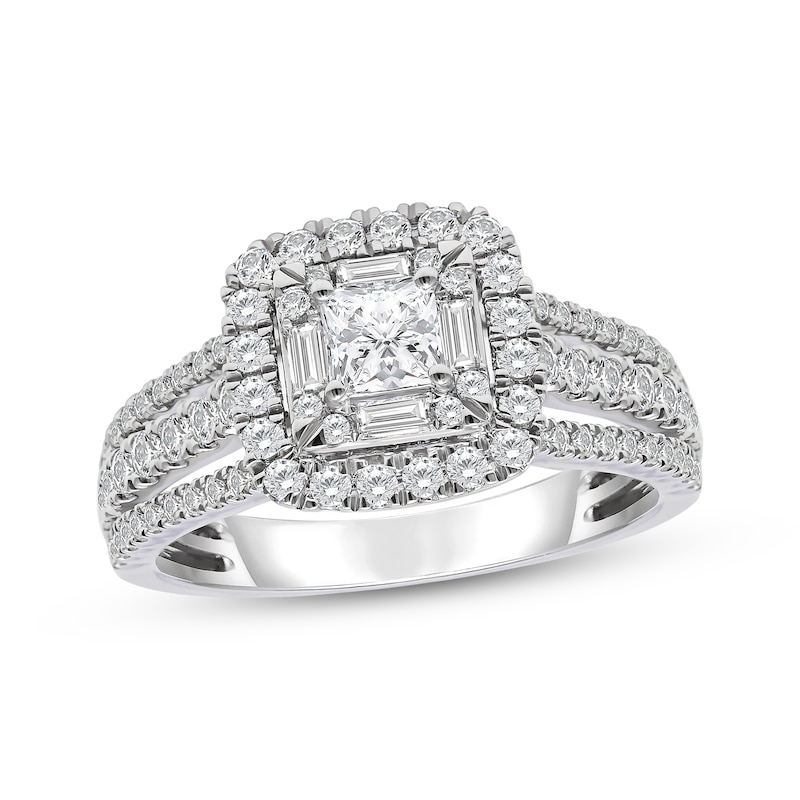 14K White Gold Baguette and Round Diamonds Fancy Cushion Ring