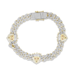 Men's Diamond & Lab-Created Ruby Lion Curb Chain Bracelet 1 ct tw Round-cut 10K Yellow Gold 8.5&quot;
