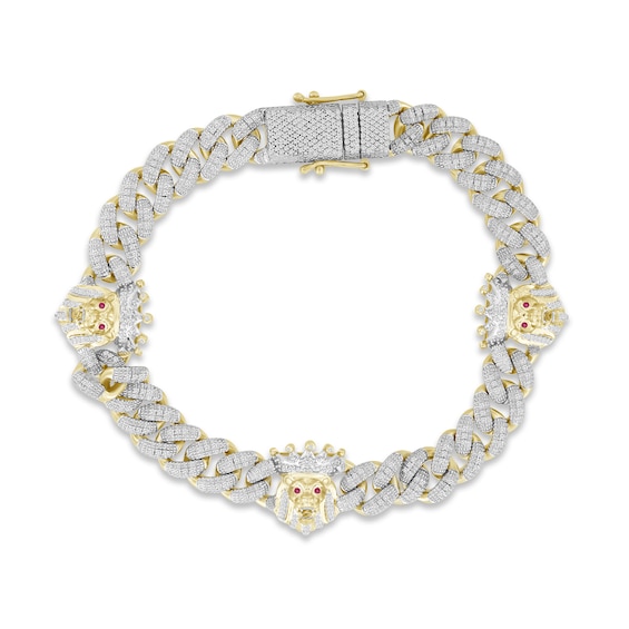 Kay Men's Diamond & Lab-Created Ruby Lion Curb Chain Bracelet 1 ct tw Round-cut 10K Yellow Gold 8.5"