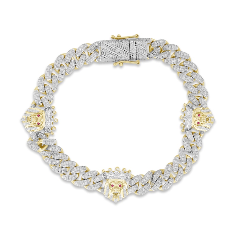 Main Image 1 of Men's Diamond & Lab-Created Ruby Lion Curb Chain Bracelet 1 ct tw Round-cut 10K Yellow Gold 8.5&quot;