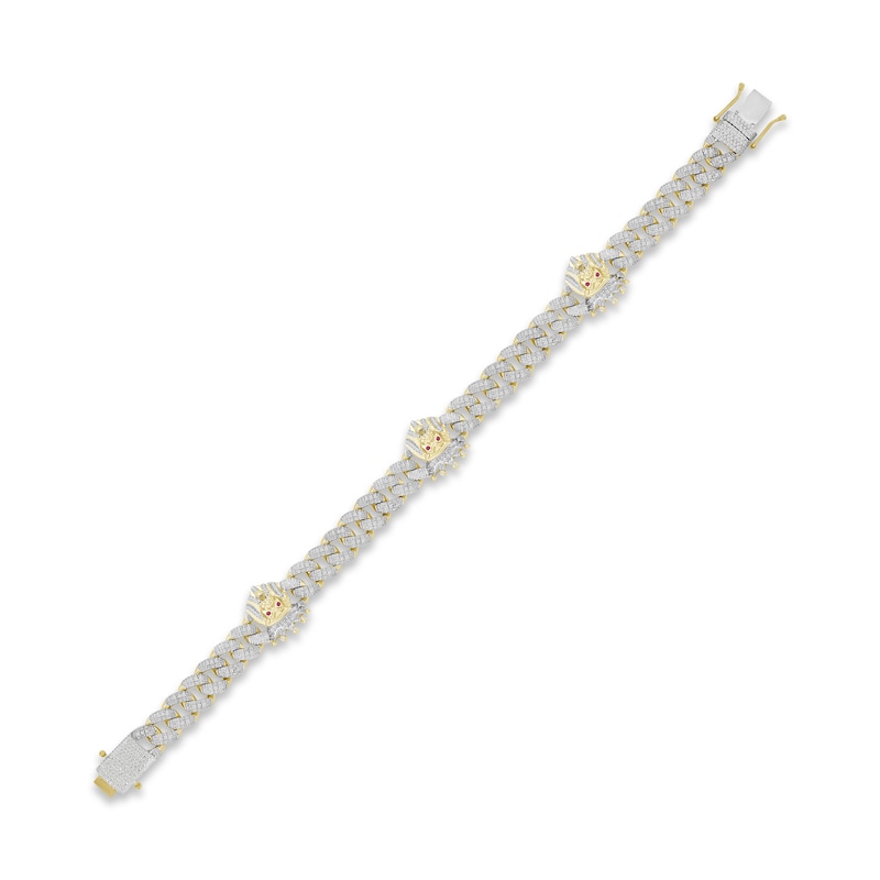 Main Image 2 of Men's Diamond & Lab-Created Ruby Lion Curb Chain Bracelet 1 ct tw Round-cut 10K Yellow Gold 8.5&quot;