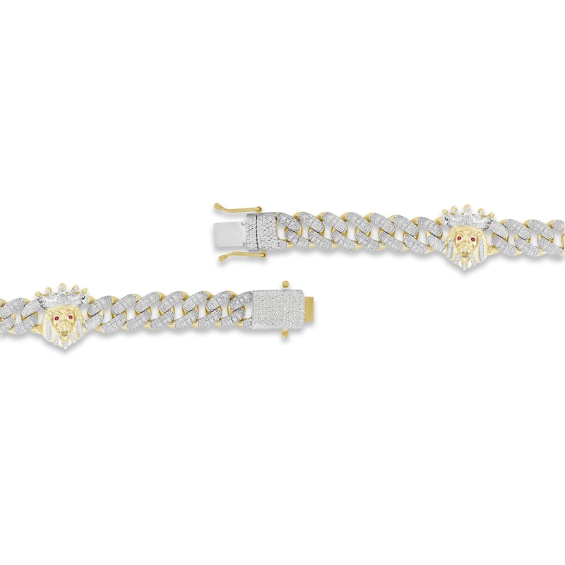 Main Image 3 of Men's Diamond & Lab-Created Ruby Lion Curb Chain Bracelet 1 ct tw Round-cut 10K Yellow Gold 8.5&quot;