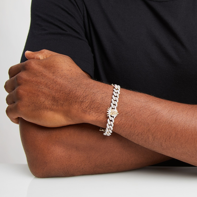 Main Image 4 of Men's Diamond & Lab-Created Ruby Lion Curb Chain Bracelet 1 ct tw Round-cut 10K Yellow Gold 8.5&quot;