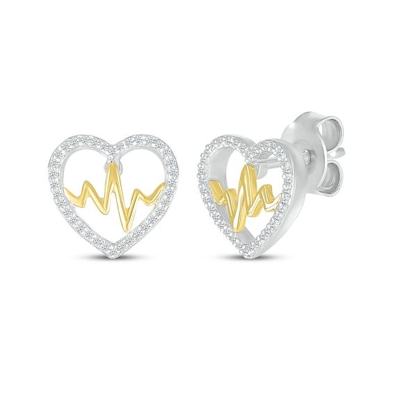 Diamond Heart Outline & Heartbeat Stud Earrings 1/8 ct tw Sterling Silver & 10K Yellow Gold
