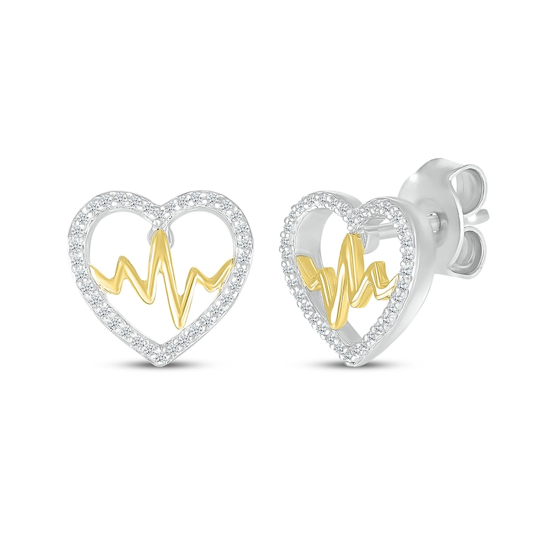 Main Image 1 of Diamond Heart Outline & Heartbeat Stud Earrings 1/8 ct tw Sterling Silver & 10K Yellow Gold