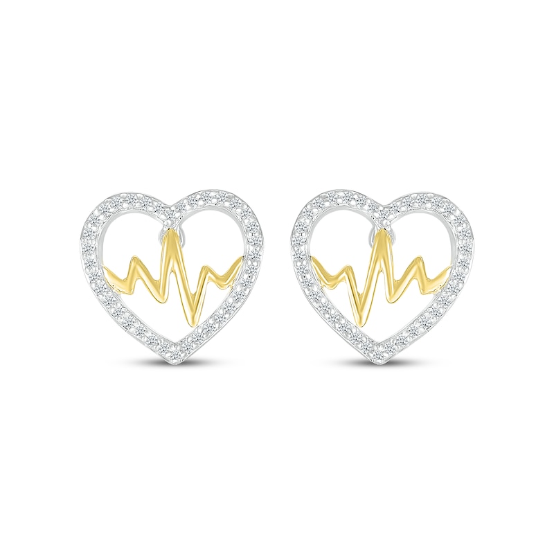 Main Image 2 of Diamond Heart Outline & Heartbeat Stud Earrings 1/8 ct tw Sterling Silver & 10K Yellow Gold