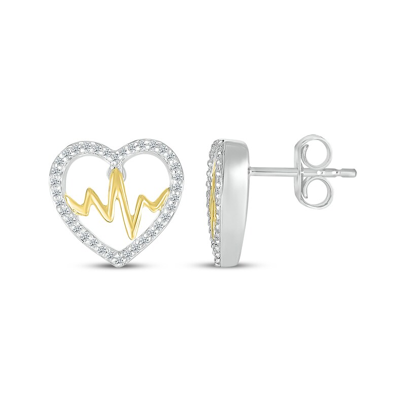 Main Image 3 of Diamond Heart Outline & Heartbeat Stud Earrings 1/8 ct tw Sterling Silver & 10K Yellow Gold