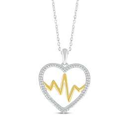 Diamond Heart Outline & Heartbeat Necklace 1/10 ct tw Sterling Silver & 10K Yellow Gold 18&quot;