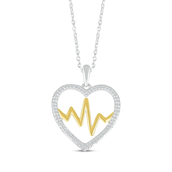 Diamond Heart Outline & Heartbeat Necklace 1/10 ct tw Sterling Silver & 10K Yellow Gold 18"