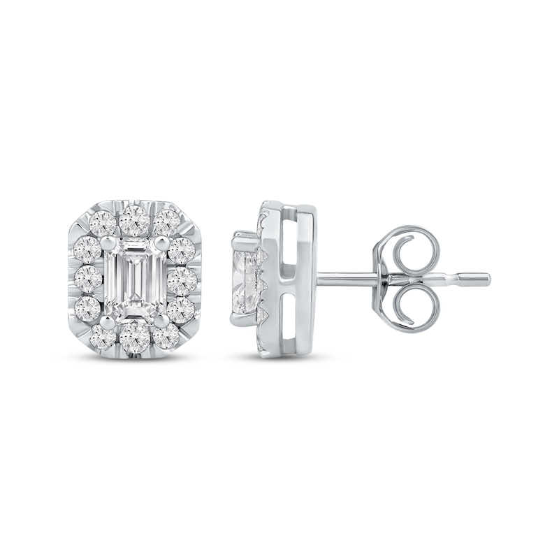 Main Image 3 of KAY Lab-Grown Diamonds Emerald-Cut Halo Stud Earrings 3/4 ct tw 10K White Gold