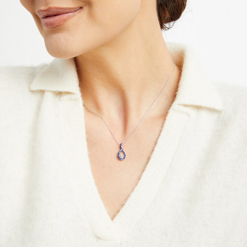 Main Image 4 of Pear-Shaped White Lab-Created Sapphire & Round-Cut Blue Lab-Created Sapphire Drop Necklace Sterling Silver 18"