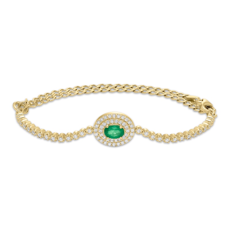 Main Image 1 of Oval-Cut Natural Emerald & Diamond Halo Adjustable Bracelet 3/8 ct tw 10K Yellow Gold 6.25&quot; to 9&quot;