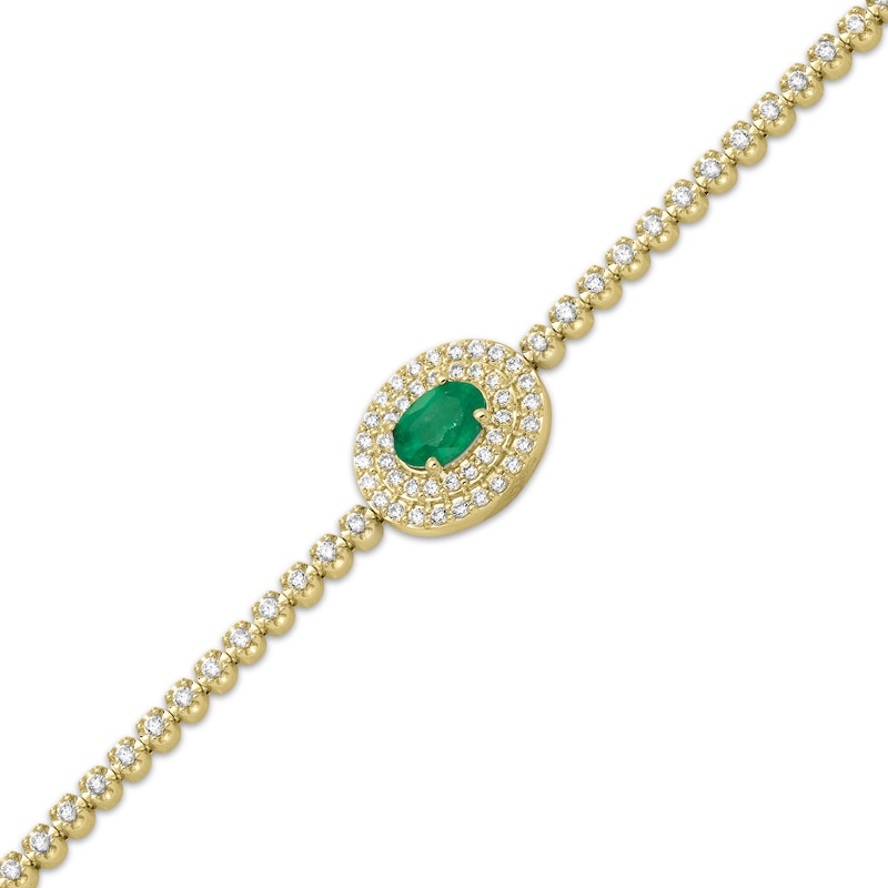 Oval-Cut Natural Emerald & Diamond Halo Adjustable Bracelet 3/8 ct tw 10K Yellow Gold 6.25" to 9"