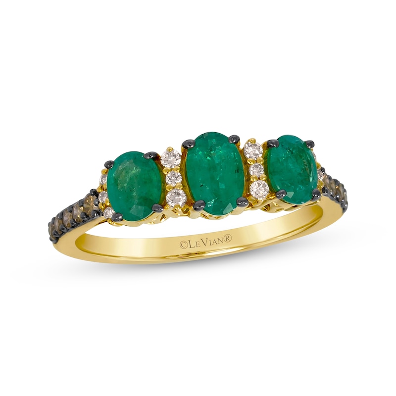 Main Image 1 of Le Vian Oval-Cut Emerald Three-Stone Ring 1/4 ct tw Diamonds 14K Honey Gold