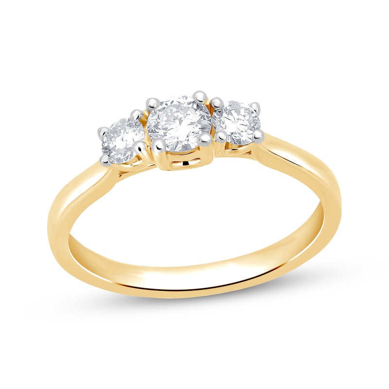 Main Image 1 of Memories Moments Magic Lab-Grown Diamond Round-Cut Three-Stone Halo Engagement Ring 1 ct tw 14K Yellow Gold
