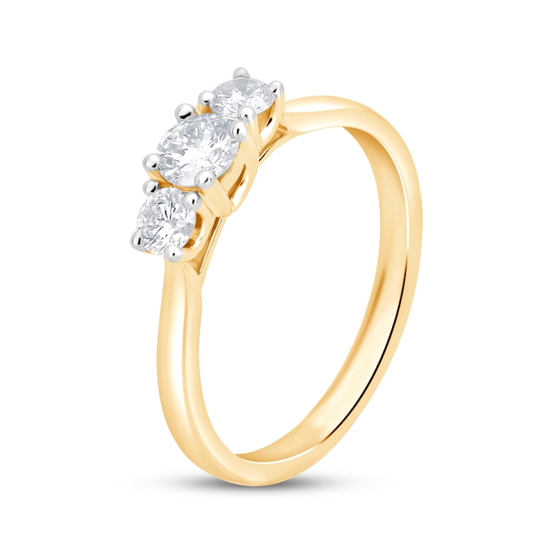 Main Image 2 of Memories Moments Magic Lab-Grown Diamond Round-Cut Three-Stone Halo Engagement Ring 1 ct tw 14K Yellow Gold