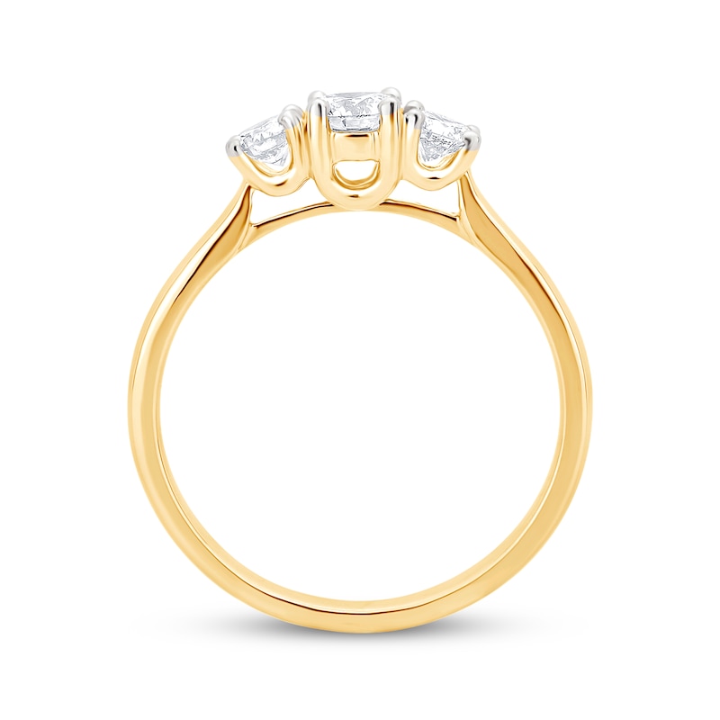 Main Image 3 of Memories Moments Magic Lab-Grown Diamond Round-Cut Three-Stone Halo Engagement Ring 1 ct tw 14K Yellow Gold