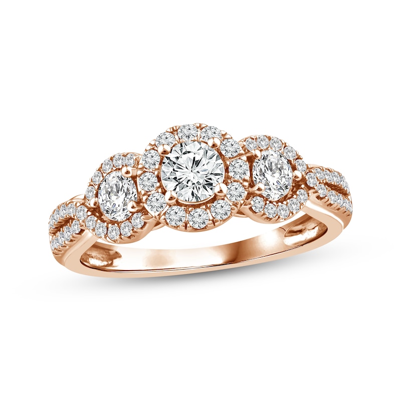 Main Image 1 of Memories Moments Magic Round-Cut Diamond Three-Stone Engagement Ring 1 ct tw 14K Rose Gold
