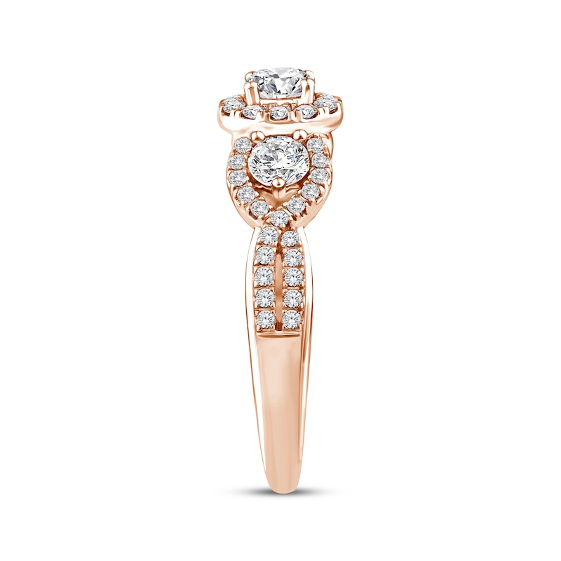 Main Image 2 of Memories Moments Magic Round-Cut Diamond Three-Stone Engagement Ring 1 ct tw 14K Rose Gold