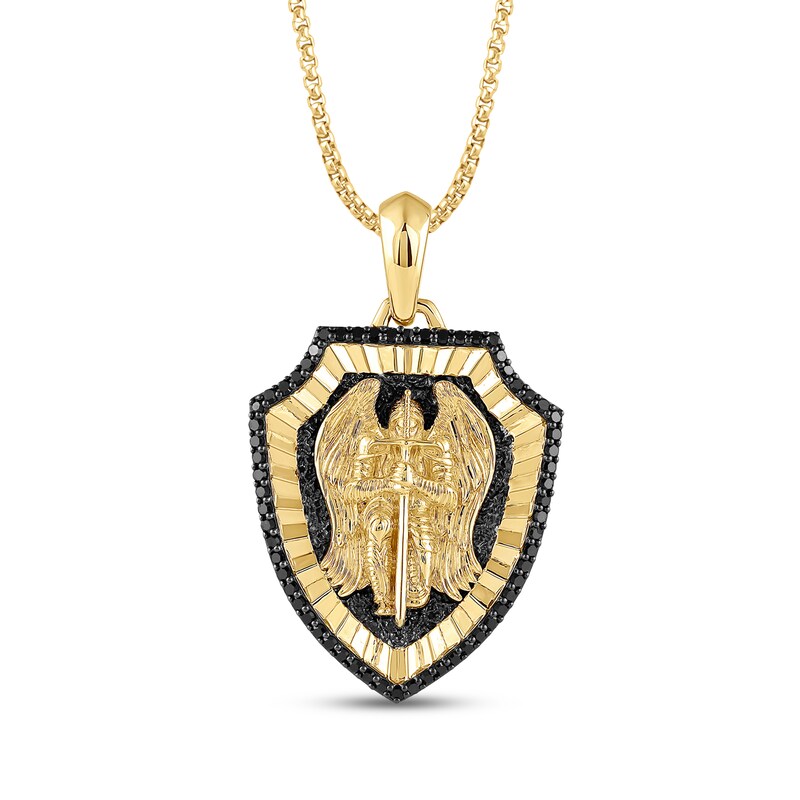 Main Image 1 of Men's Black Diamond Saint Michael Shield Necklace 3/8 ct tw 10K Yellow Gold 22"