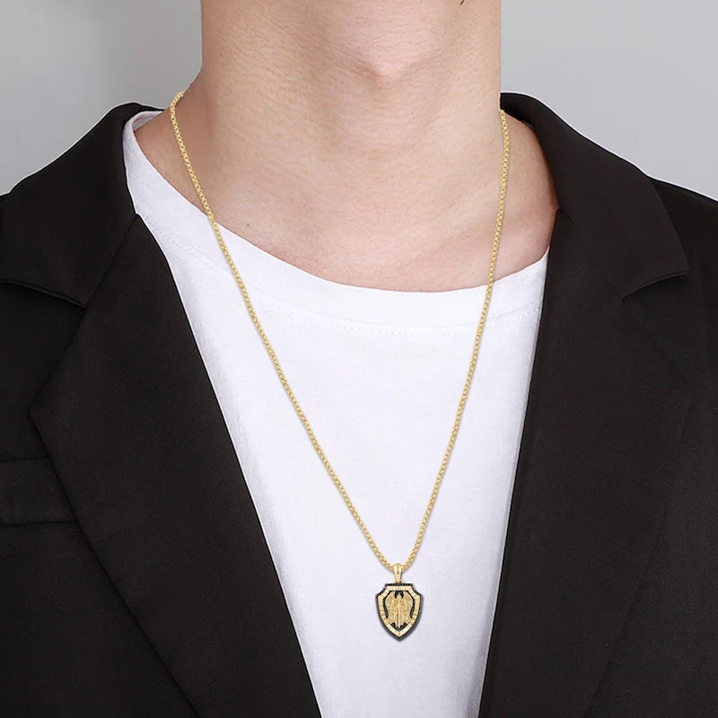 Main Image 2 of Men's Black Diamond Saint Michael Shield Necklace 3/8 ct tw 10K Yellow Gold 22"