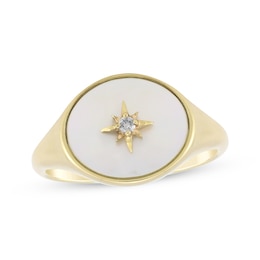 Oval Mother-of-Pearl & Diamond Accent Star Signet Ring 10K Yellow Gold