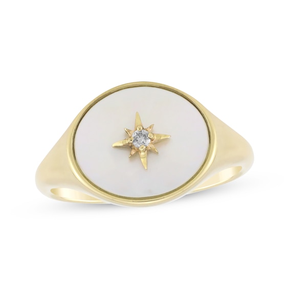 Oval Mother-of-Pearl & Diamond Accent Star Signet Ring 10K Yellow Gold