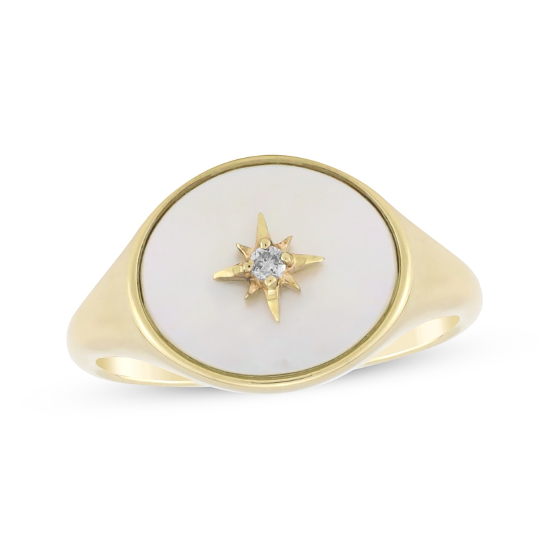 Main Image 1 of Oval Mother-of-Pearl & Diamond Accent Star Signet Ring 10K Yellow Gold