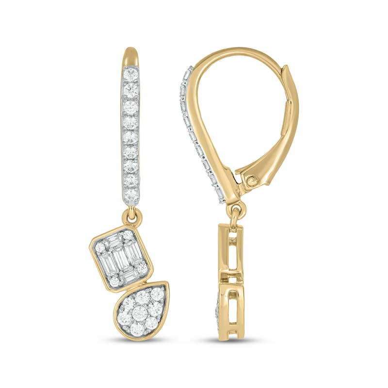 Main Image 1 of Baguette & Round-Cut Multi-Diamond Dangle Earrings 1/2 ct tw 10K Yellow Gold