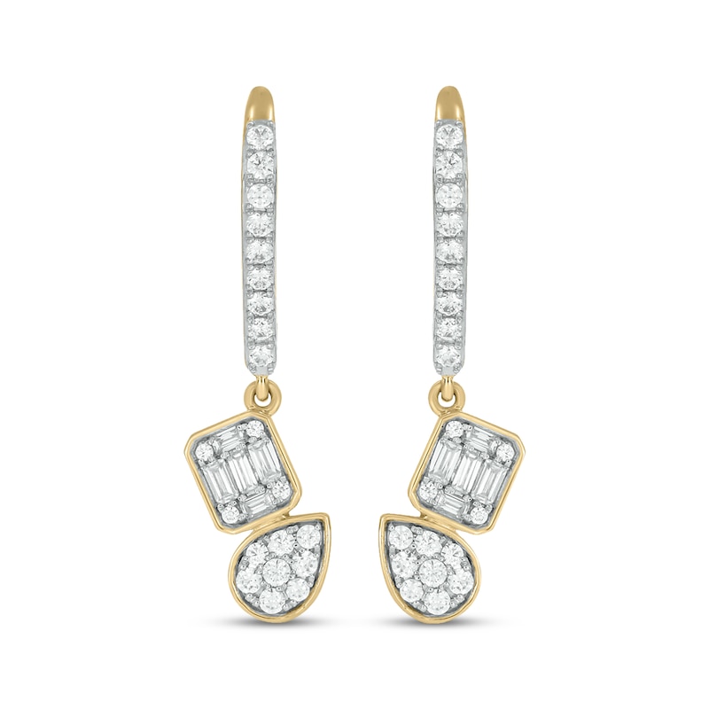 Main Image 2 of Baguette & Round-Cut Multi-Diamond Dangle Earrings 1/2 ct tw 10K Yellow Gold