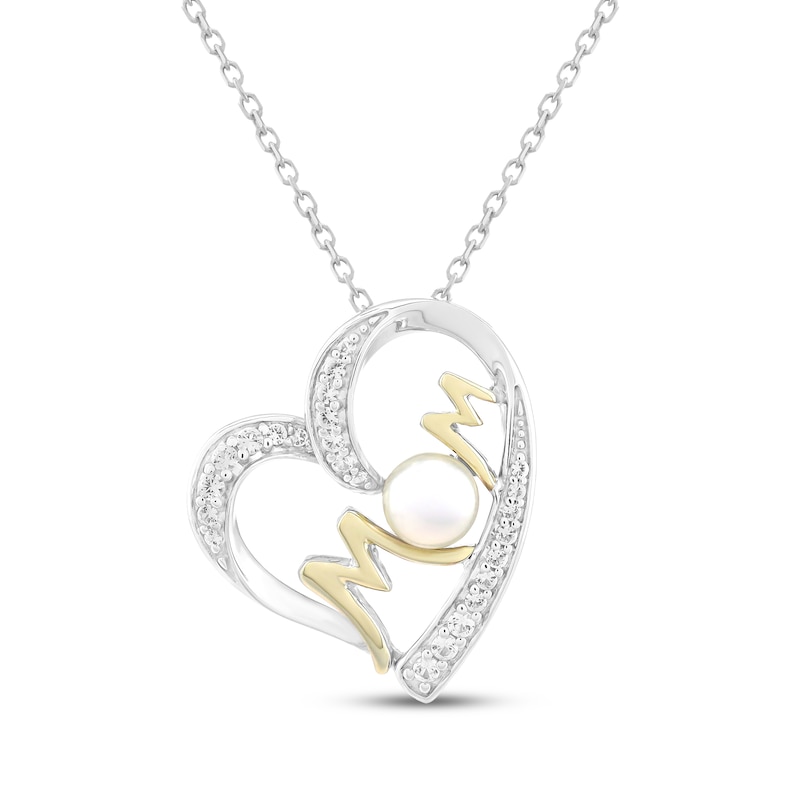 Main Image 1 of Cultured Pearl & White Lab-Created Sapphire "Mom" Heart Necklace Sterling Silver & 10K Yellow Gold 18"