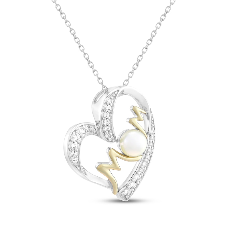 Main Image 2 of Cultured Pearl & White Lab-Created Sapphire "Mom" Heart Necklace Sterling Silver & 10K Yellow Gold 18"