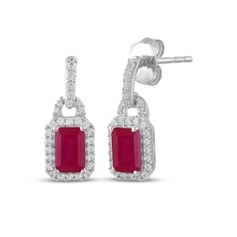 Octagon-Cut Lab-Created Ruby & White Lab-Created Sapphire Halo Drop Earrings Sterling Silver