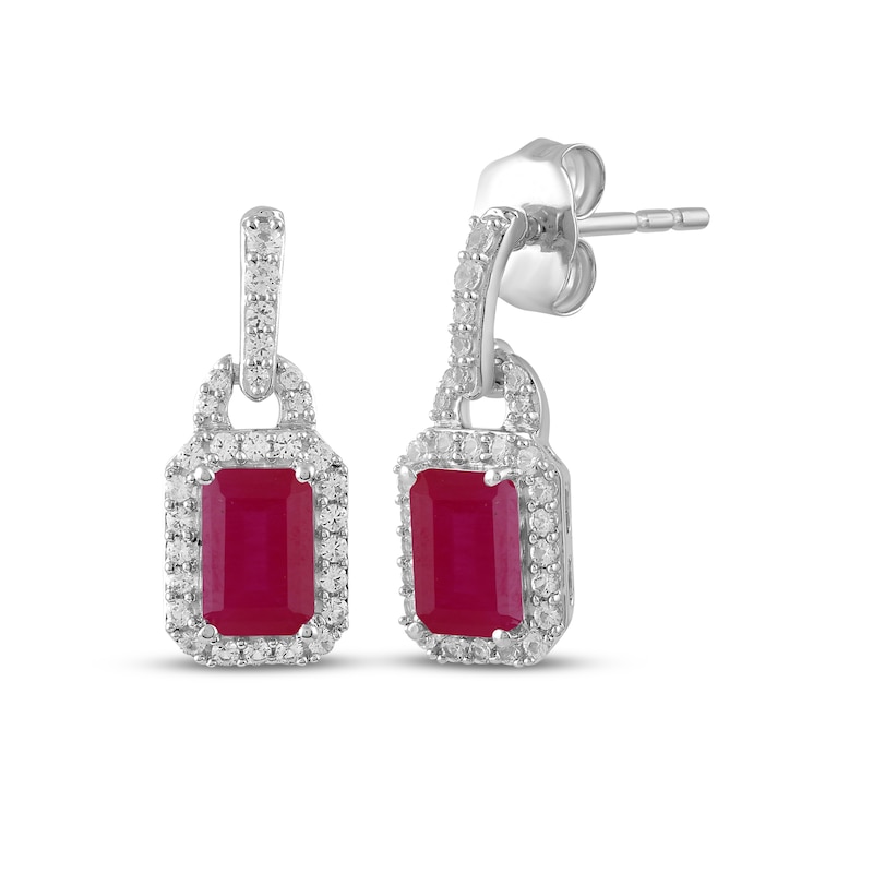 Main Image 1 of Octagon-Cut Lab-Created Ruby & White Lab-Created Sapphire Halo Drop Earrings Sterling Silver