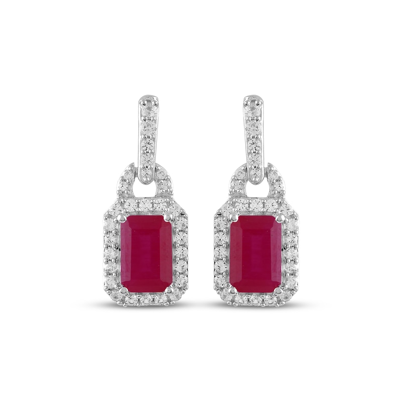 Main Image 2 of Octagon-Cut Lab-Created Ruby & White Lab-Created Sapphire Halo Drop Earrings Sterling Silver