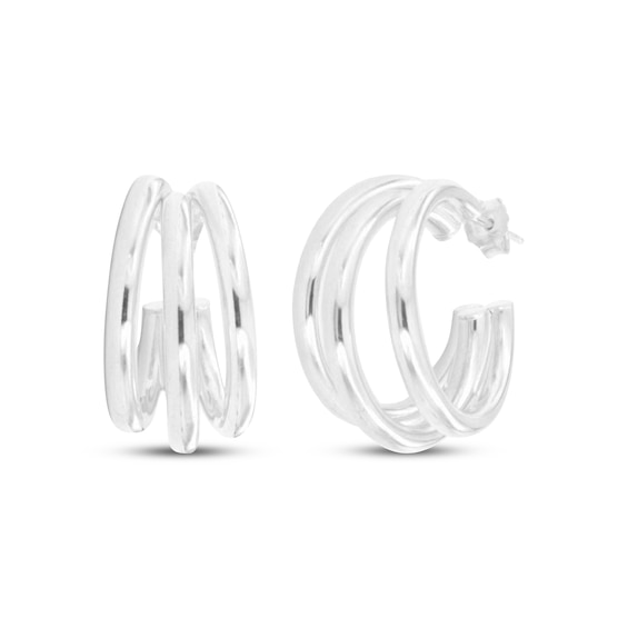 Three-Row Split J-Hoop Earrings Sterling Silver