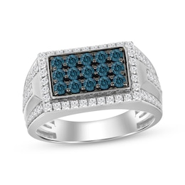 Men's Blue & White Multi-Diamond Rectangle Ring 1-1/4 ct tw Sterling Silver
