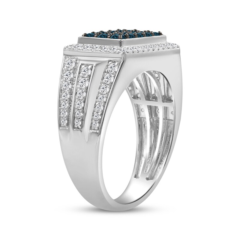 Main Image 2 of Men's Blue & White Multi-Diamond Rectangle Ring 1-1/4 ct tw Sterling Silver