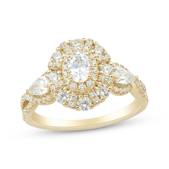 Oval-Cut & Pear-Shaped Diamond Three-Stone Engagement Ring 1-1/2 ct tw 14K Yellow Gold