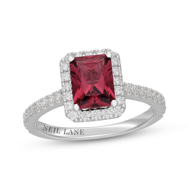 Main Image 1 of Neil Lane Radiant-Cut Rhodolite Garnet & Diamond Halo Engagement Ring 1/2 ct tw 14K White Gold