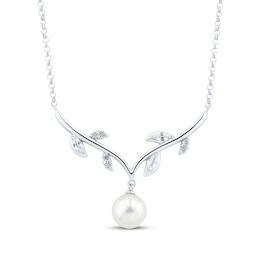 Cultured Pearl & White Lab-Created Sapphire Vine Necklace Sterling Silver 18"
